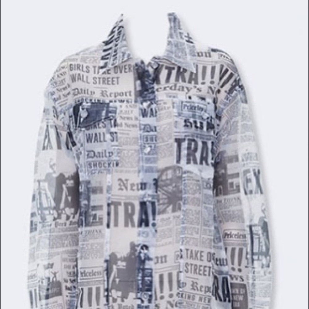 NWT Sheer Nylon Newspaper Button down Shirt Size S